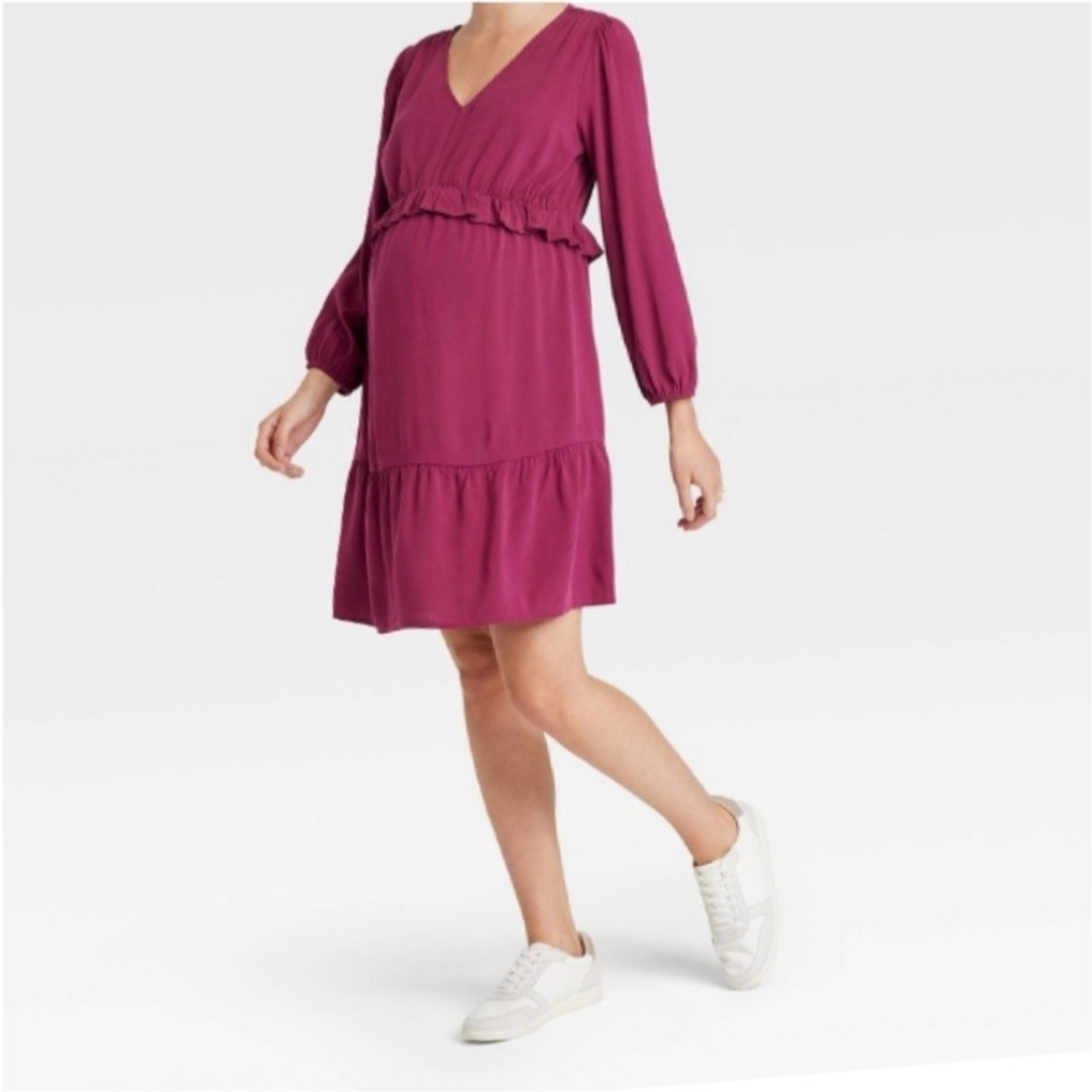 Ingrid+Isabel Maternity Ruffled Babydoll Dress Magenta Long Sleeve V-Neck Size L